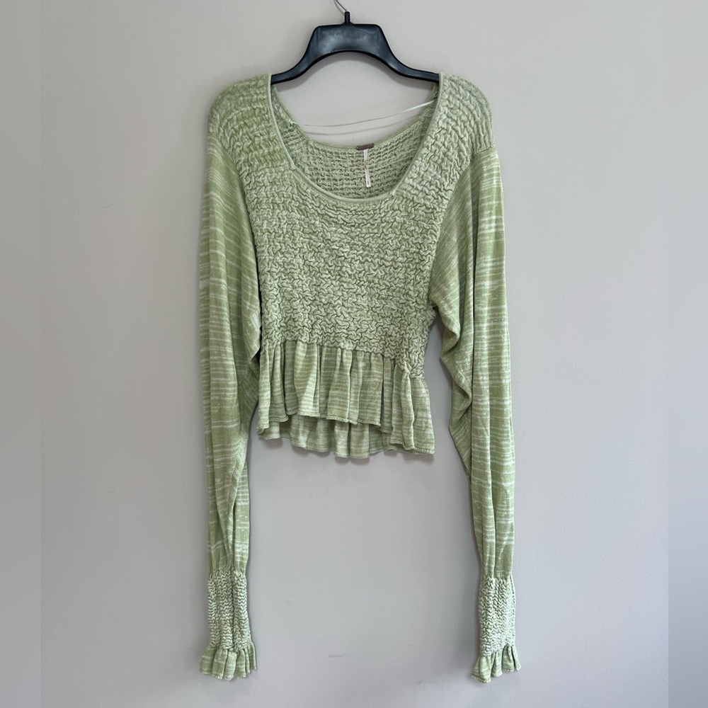 Free People Free Spirit Smocked Knit Peplum Sweater Crop Top, Seafoam Green, S - Picture 2 of 12